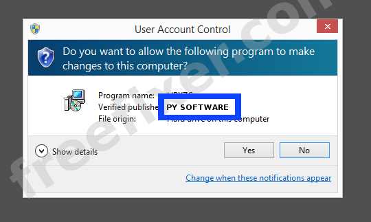 Screenshot where PY SOFTWARE appears as the verified publisher in the UAC dialog
